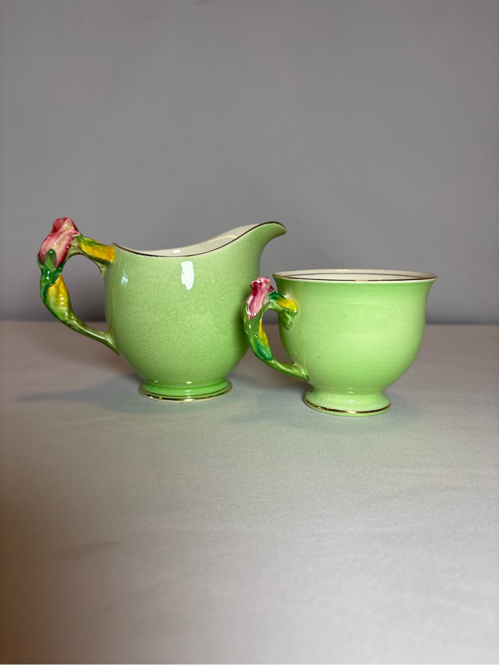 Vintage Royal Winton Grimwades Tiger Lily green creamer and sugar bowl set 1940s